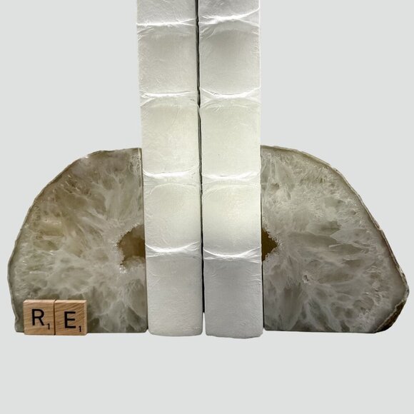 Agate Bookends, Druzy, Geode Center, White, Gray Layers, Cream Banding (RE) - Picture 8 of 10